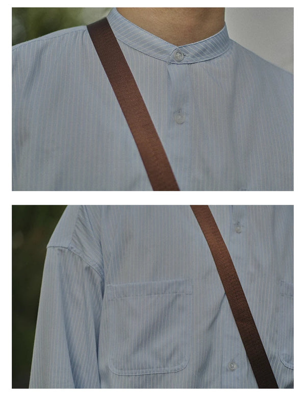 IRUMDROOM／Collarless Striped Shirt／light blue／gray