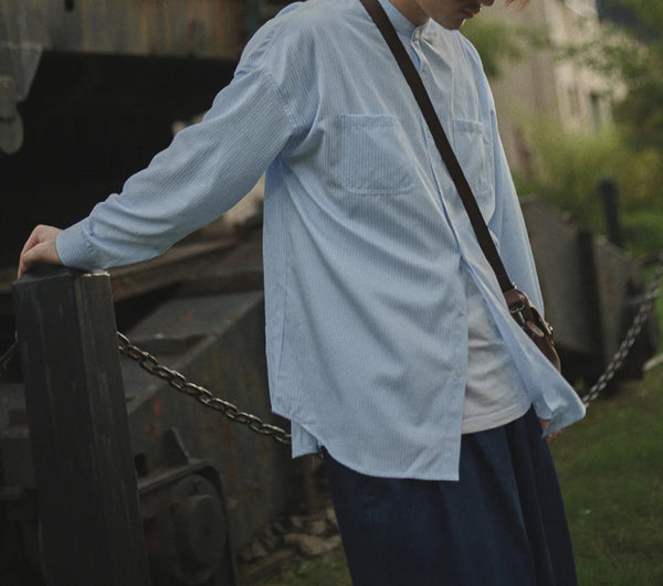 IRUMDROOM／Collarless Striped Shirt／light blue／gray