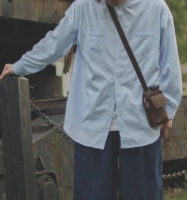 IRUMDROOM／Collarless Striped Shirt／light blue／gray