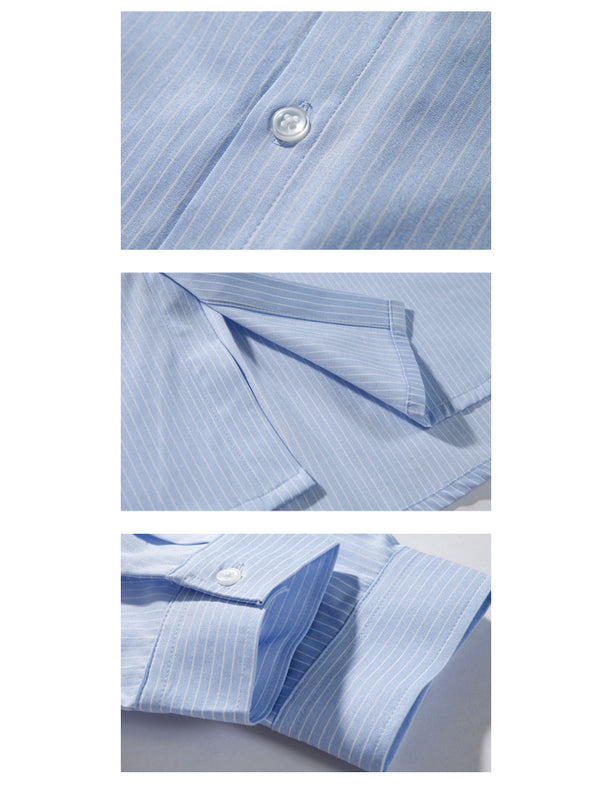 IRUMDROOM／Collarless Striped Shirt／light blue／gray