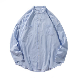 IRUMDROOM／Collarless Striped Shirt／light blue／gray