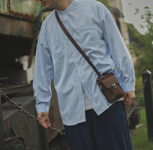 IRUMDROOM／Collarless Striped Shirt／light blue／gray