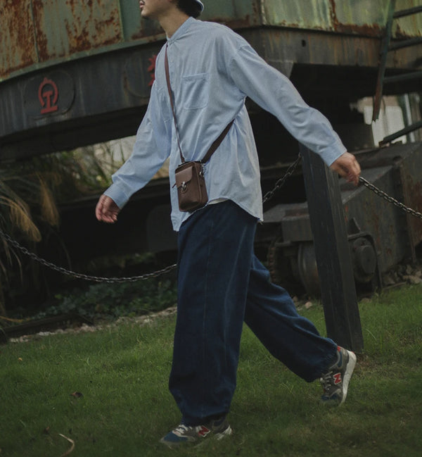 IRUMDROOM／Collarless Striped Shirt／light blue／gray