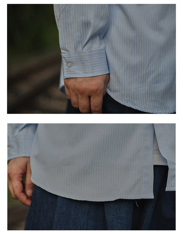 IRUMDROOM／Collarless Striped Shirt／light blue／gray