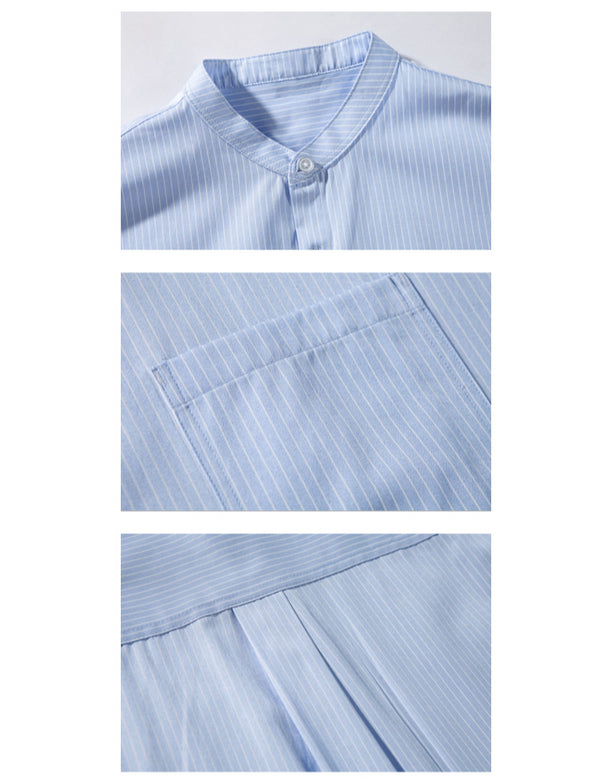 IRUMDROOM／Collarless Striped Shirt／light blue／gray